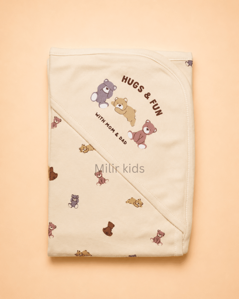Biege hooded baby towel with teddy bear print
