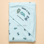 Blue hooded baby towel with teddy bear print