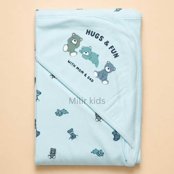 Blue hooded baby towel with teddy bear print