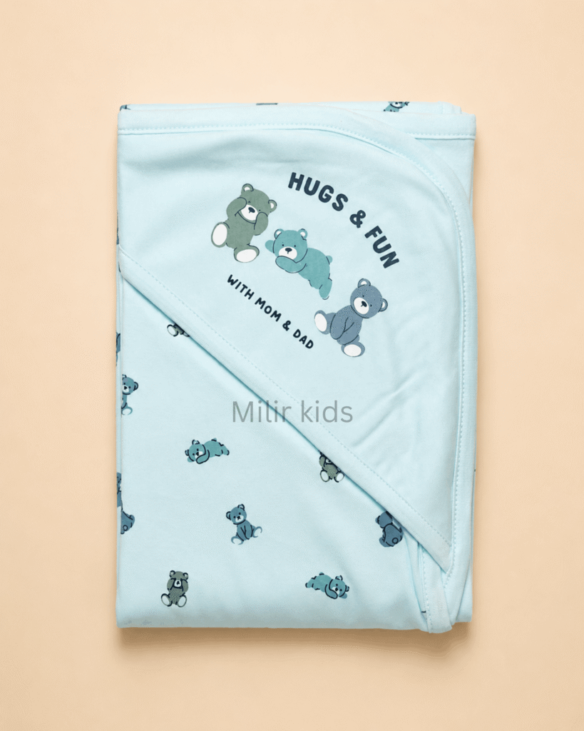 Blue hooded baby towel with teddy bear print