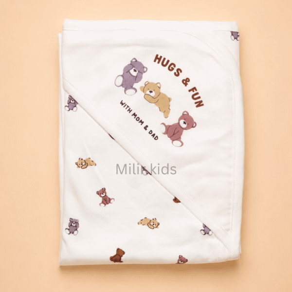 cream hooded baby towel with teddy bear print