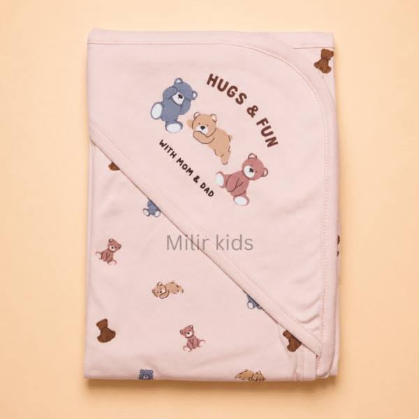 Peach hooded baby towel with teddy bear print
