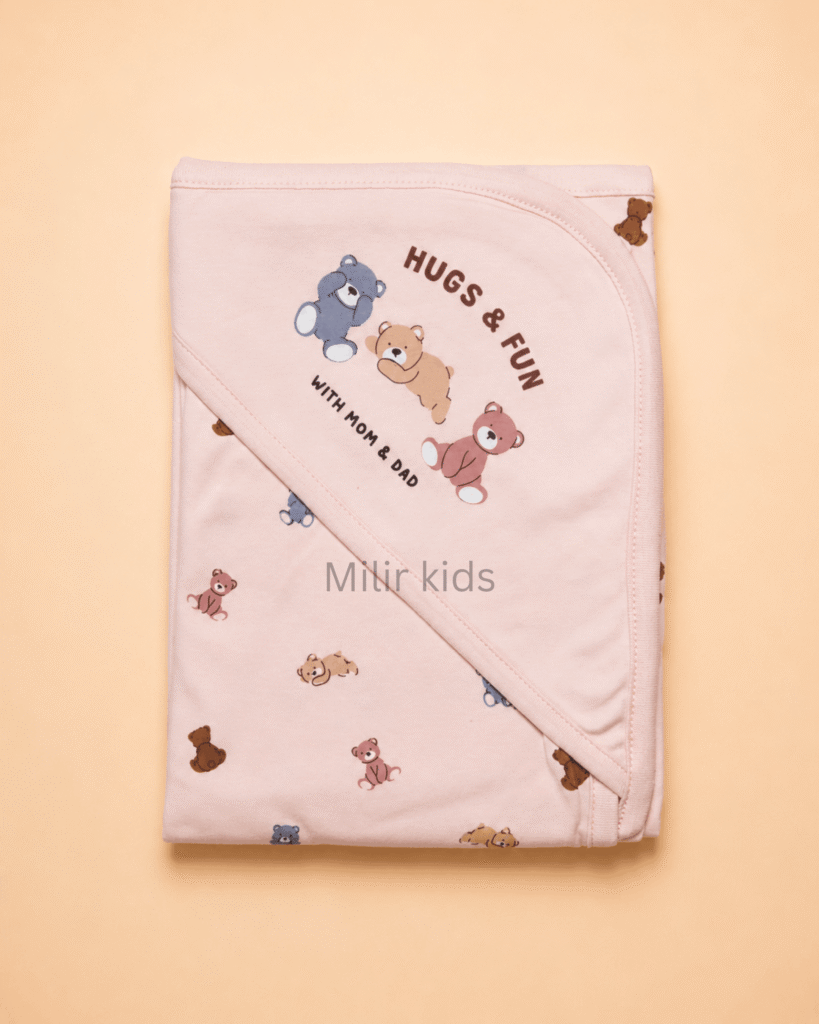 Peach hooded baby towel with teddy bear print