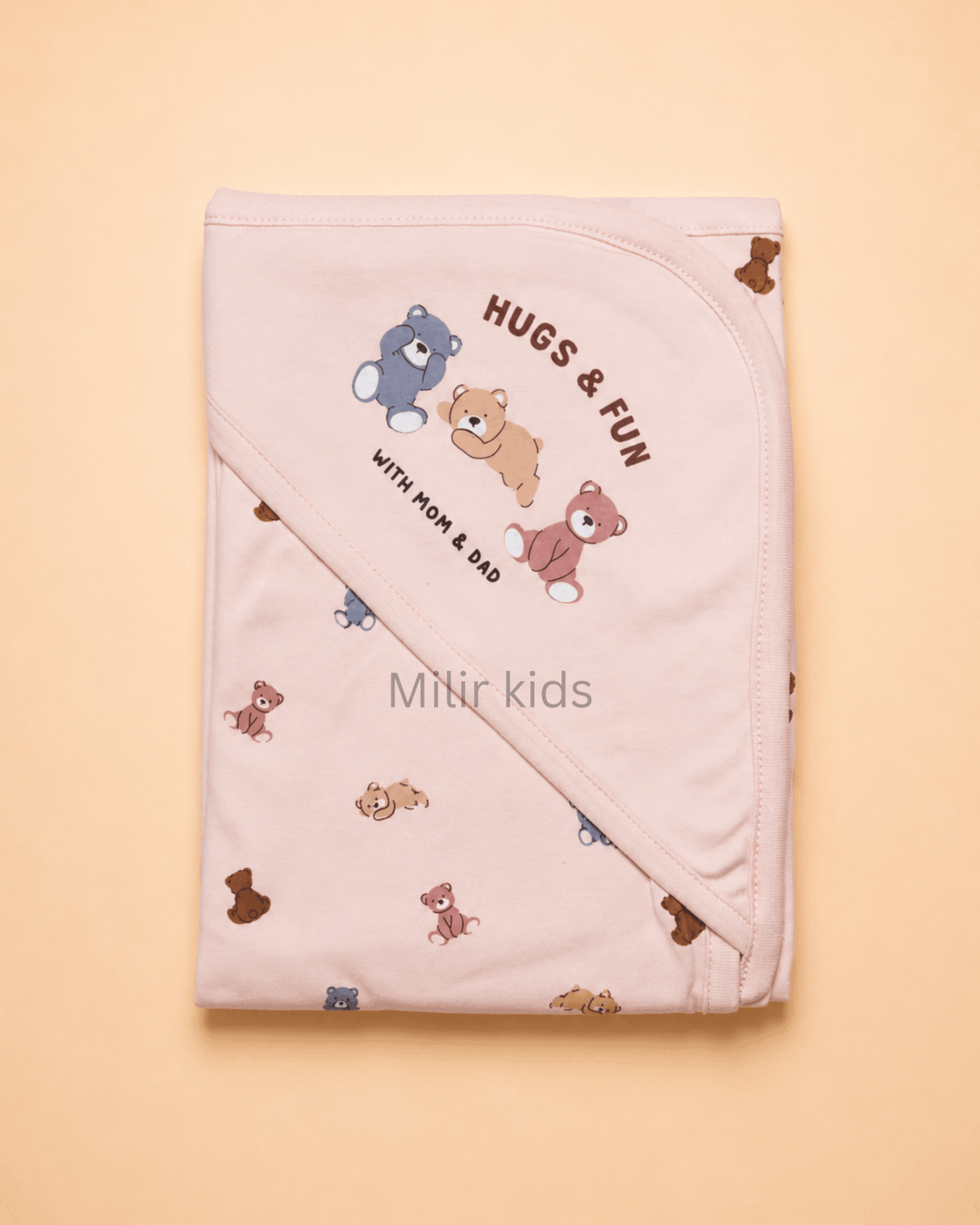 cotton-hooded-baby-towel-peach-teddy-bears-80x80cm Peach hooded baby towel with teddy bear print