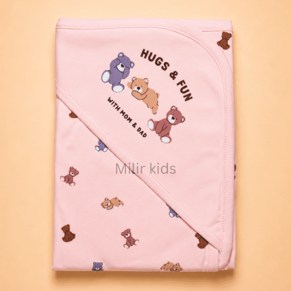 Pink hooded baby towel with teddy bear print