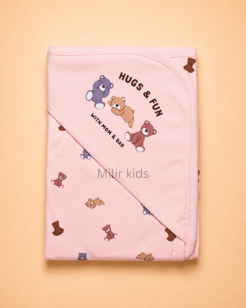 Pink hooded baby towel with teddy bear print