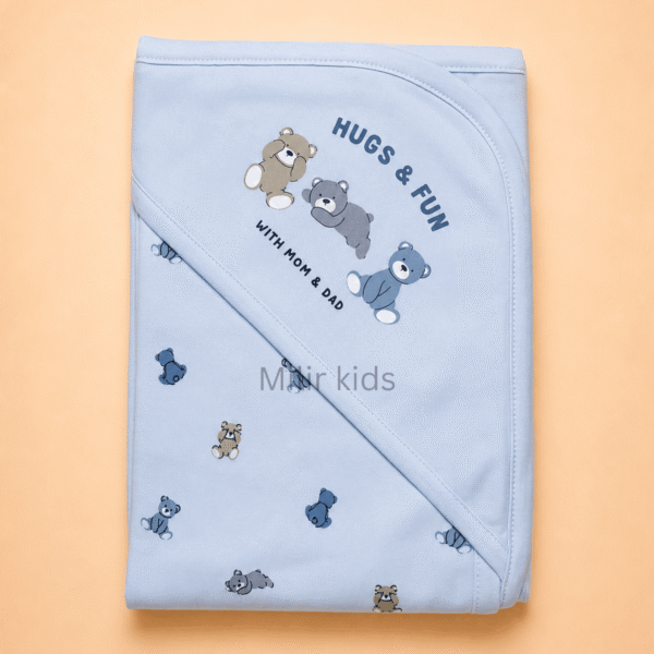 SkyBlue hooded baby towel with teddy bear print