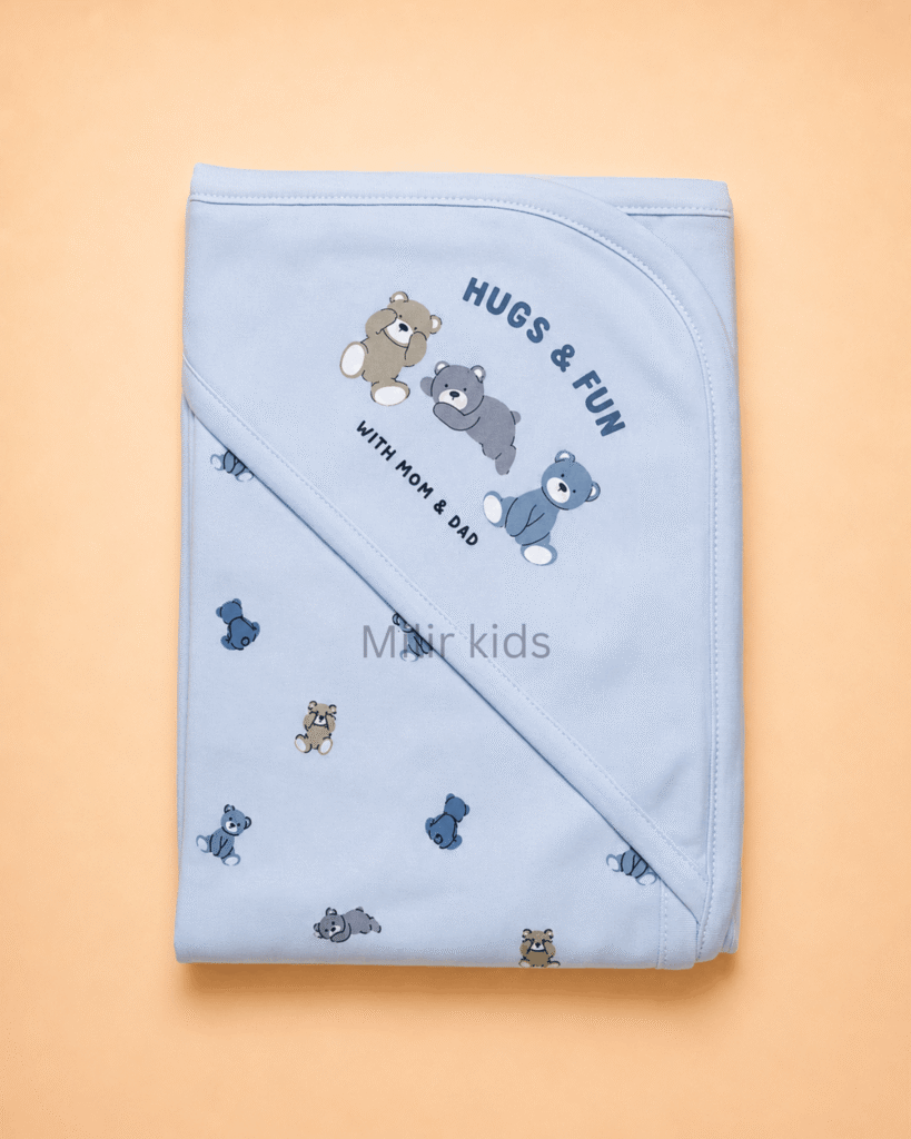 SkyBlue hooded baby towel with teddy bear print