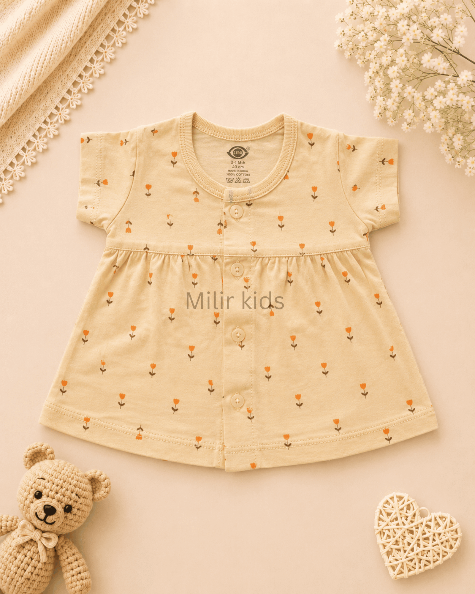 floral-print-cotton-baby-dress-butter-yellow cotton baby dress for newborn girls | Soft breathable infant dress | Milir Kids
