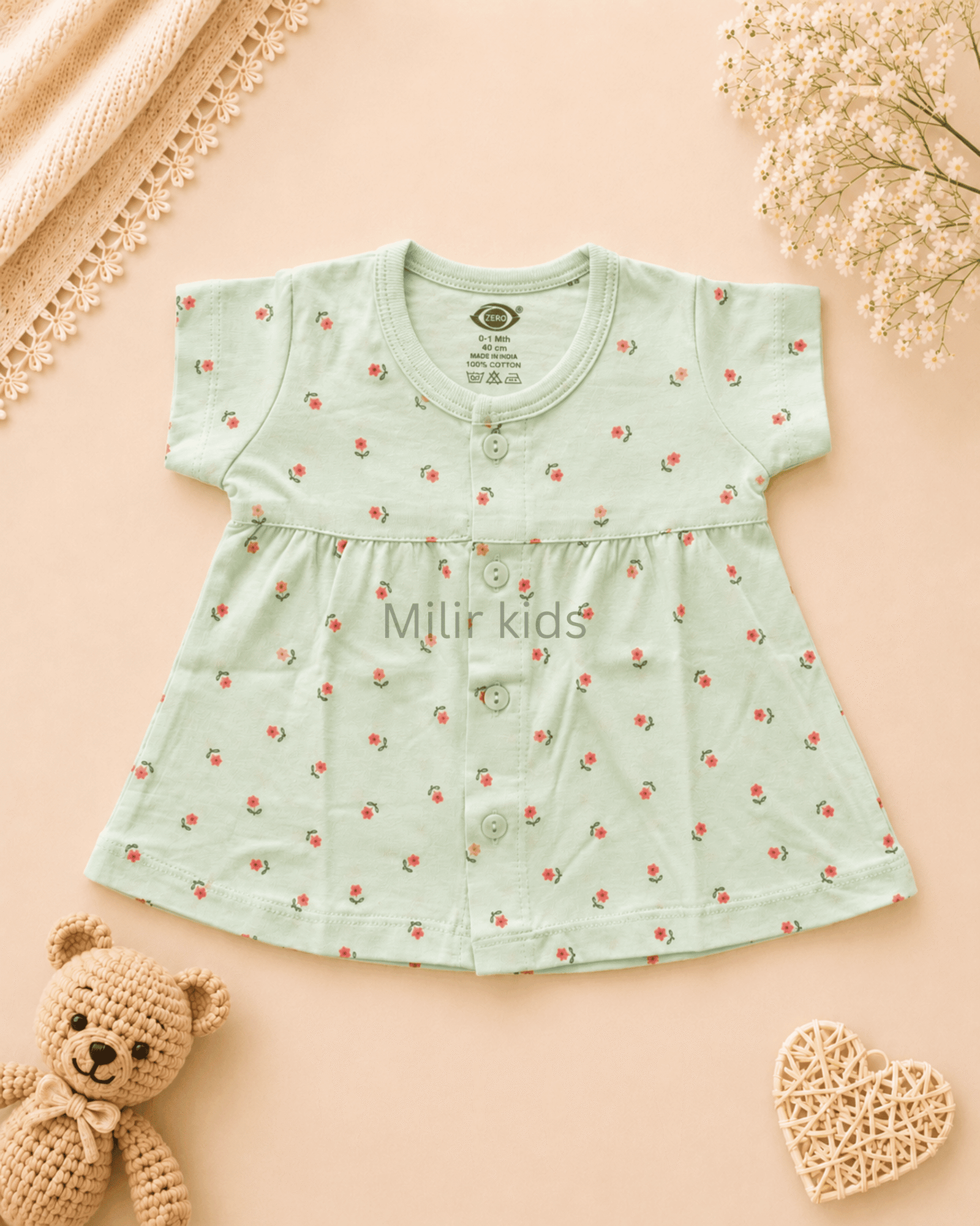 floral-print-cotton-baby-dress-mint-green cotton baby dress for newborn girls | Soft breathable infant dress | Milir Kids
