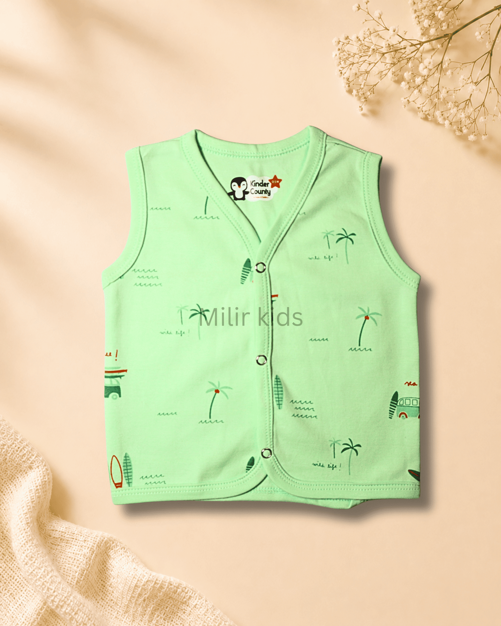 green-beach-print-sleeveless-baby-jabla Kinder County sleeveless cotton baby jabla for newborn babies featuring soft breathable fabric with front snap buttons.