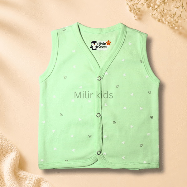 Kinder County sleeveless cotton baby jabla for newborn babies featuring soft breathable fabric with front snap buttons.