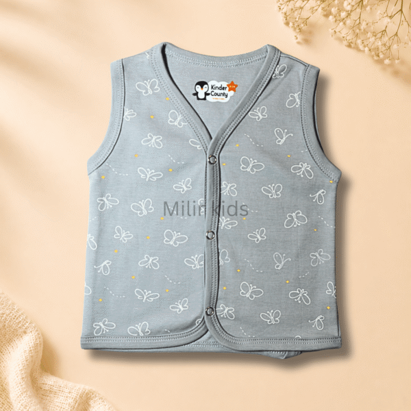 Kinder County sleeveless cotton baby jabla for newborn babies featuring soft breathable fabric with front snap buttons.