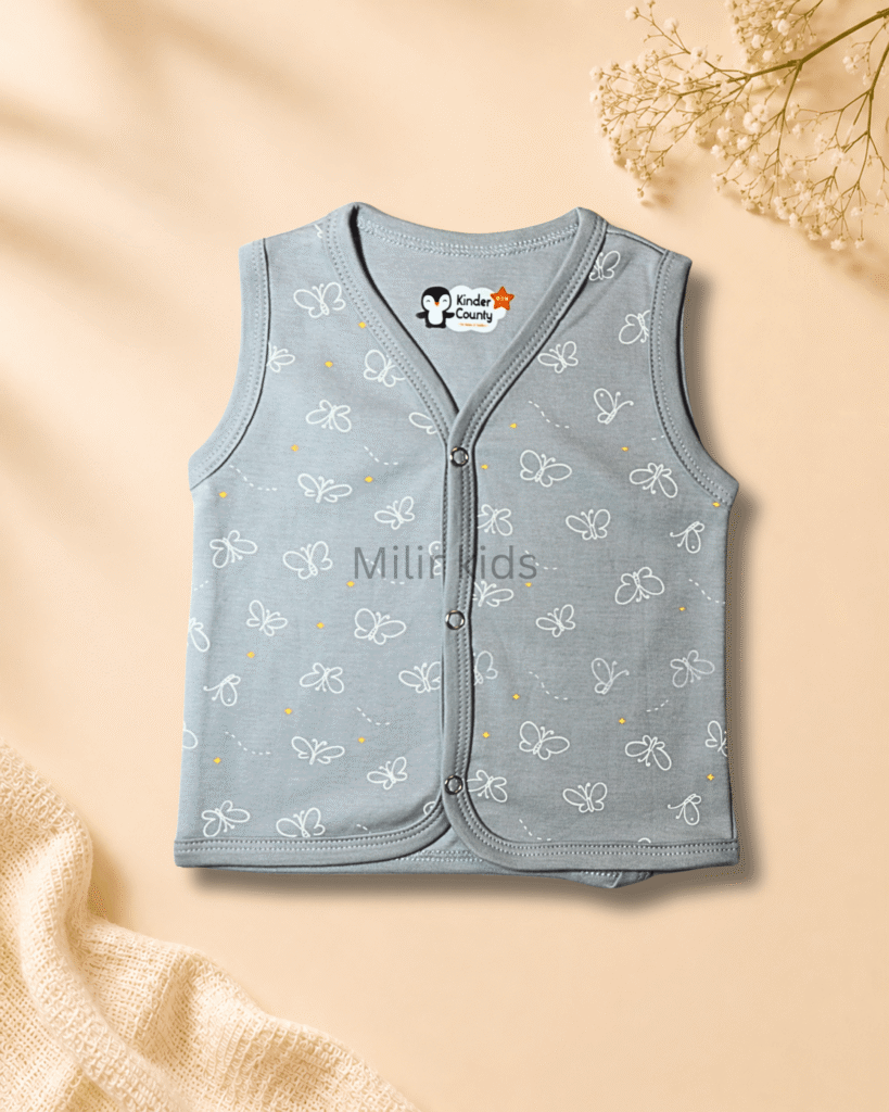 Kinder County sleeveless cotton baby jabla for newborn babies featuring soft breathable fabric with front snap buttons.