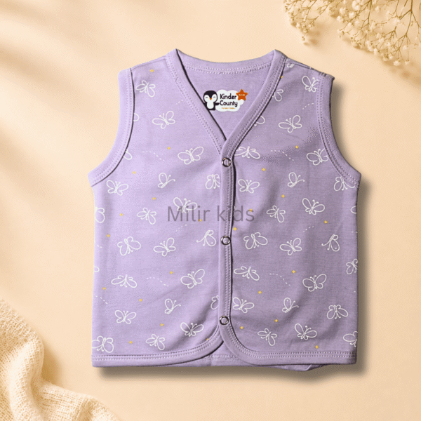 Kinder County sleeveless cotton baby jabla for newborn babies featuring soft breathable fabric with front snap buttons.