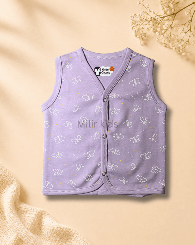 Kinder County sleeveless cotton baby jabla for newborn babies featuring soft breathable fabric with front snap buttons.