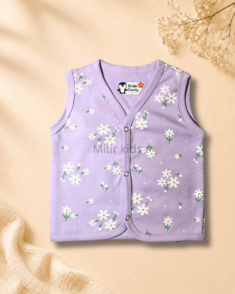 Kinder County sleeveless cotton baby jabla for newborn babies featuring soft breathable fabric with front snap buttons.