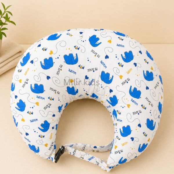 Blue elephant print baby feeding pillow with safety strap for breastfeeding and bottle feeding by Milir Kids