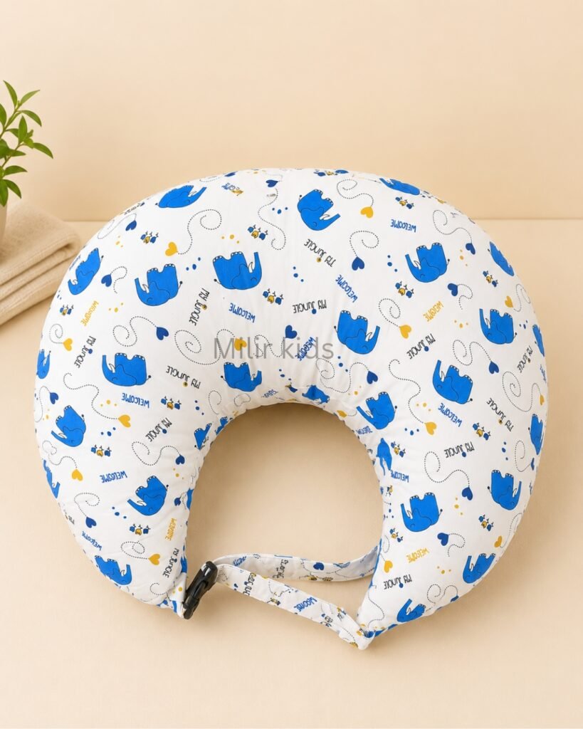 Blue elephant print baby feeding pillow with safety strap for breastfeeding and bottle feeding by Milir Kids