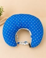 Blue elephant print baby feeding pillow with safety strap for breastfeeding and bottle feeding by Milir Kids