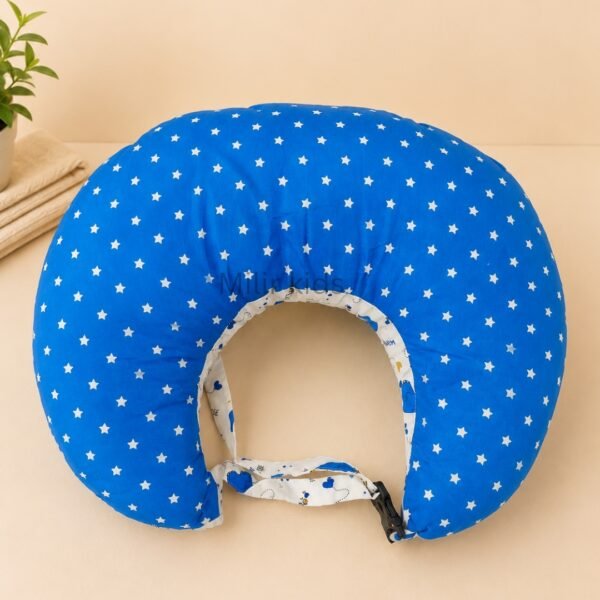 Blue elephant print baby feeding pillow with safety strap for breastfeeding and bottle feeding by Milir Kids