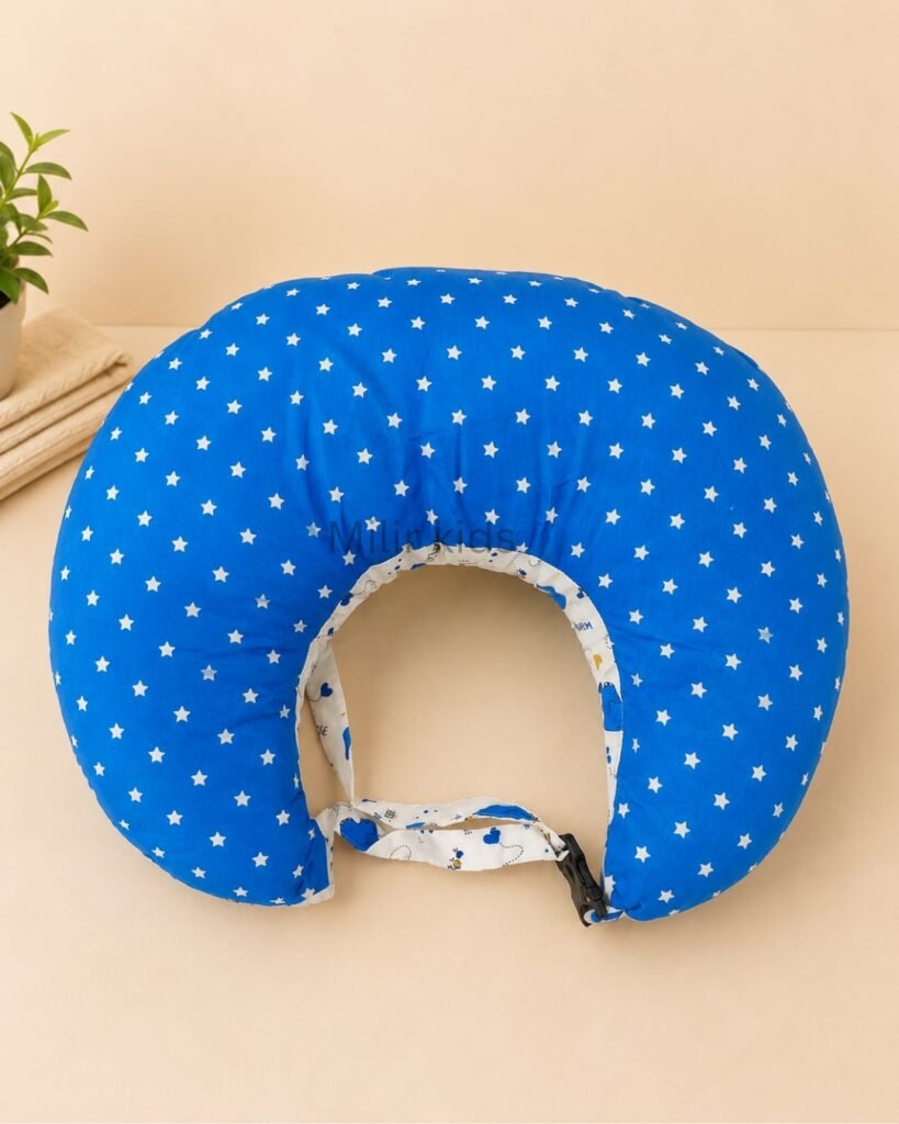 Blue elephant print baby feeding pillow with safety strap for breastfeeding and bottle feeding by Milir Kids