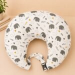 Grey elephant print baby feeding pillow with safety strap for breastfeeding and bottle feeding by Milir Kids