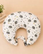 Grey elephant print baby feeding pillow with safety strap for breastfeeding and bottle feeding by Milir Kids