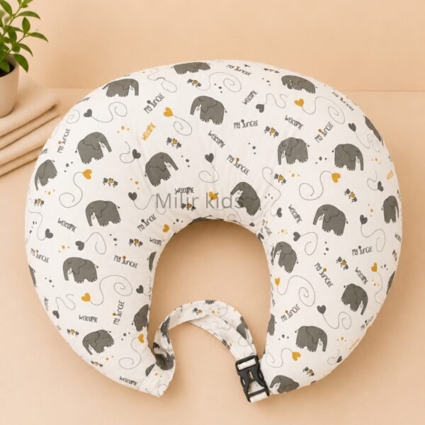 Grey elephant print baby feeding pillow with safety strap for breastfeeding and bottle feeding by Milir Kids