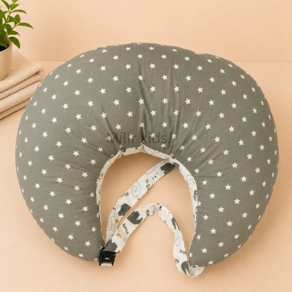 Grey elephant print baby feeding pillow with safety strap for breastfeeding and bottle feeding by Milir Kids