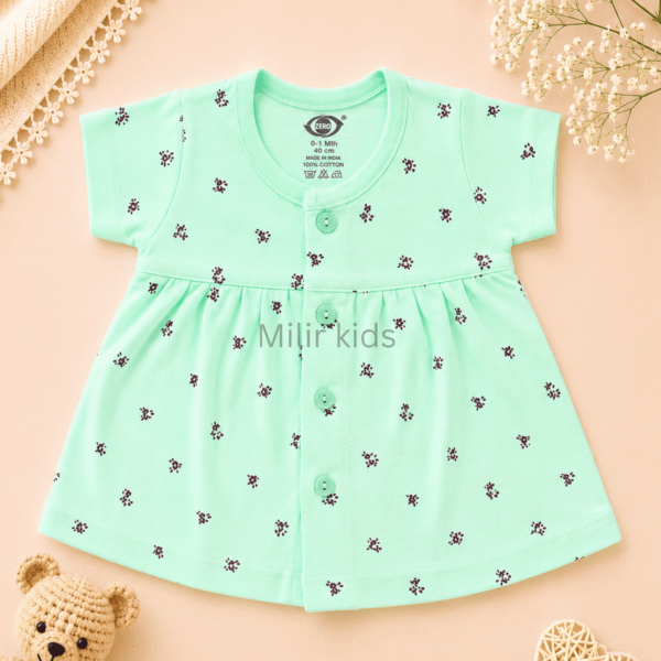 Baby Girls Mini Floral Print Cotton Front Open Frock in mint green made from soft breathable cotton.