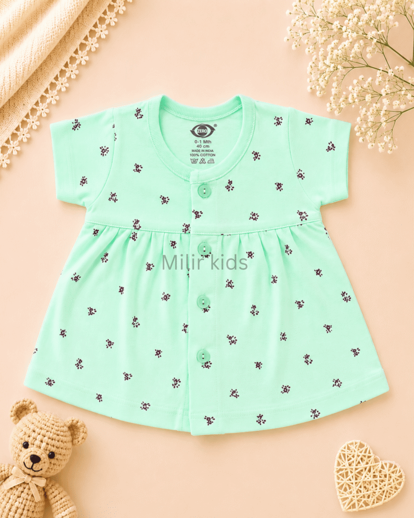 Baby Girls Mini Floral Print Cotton Front Open Frock in mint green made from soft breathable cotton.