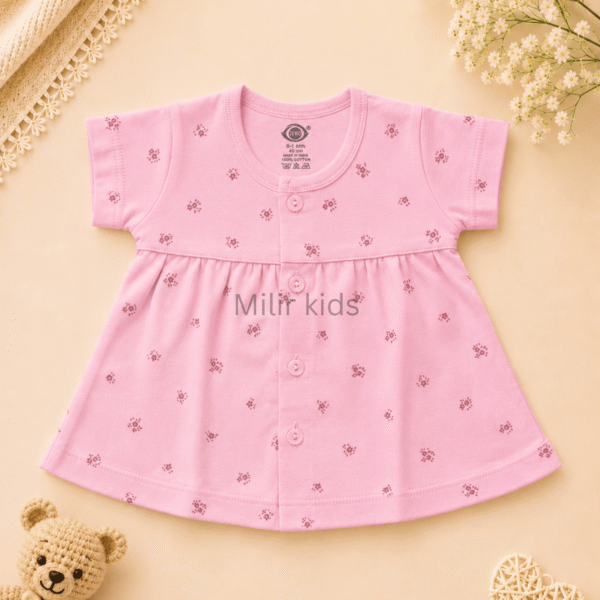 Baby Girls Mini Floral Print Cotton Front Open Frock in baby pink made from soft breathable cotton.