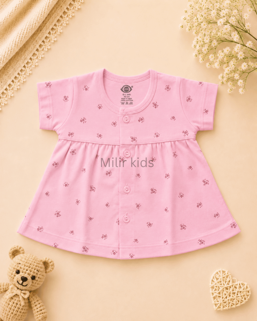 Baby Girls Mini Floral Print Cotton Front Open Frock in baby pink made from soft breathable cotton.