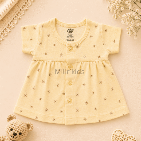 Baby Girls Mini Floral Print Cotton Front Open Frock in Butter yellow made from soft breathable cotton.