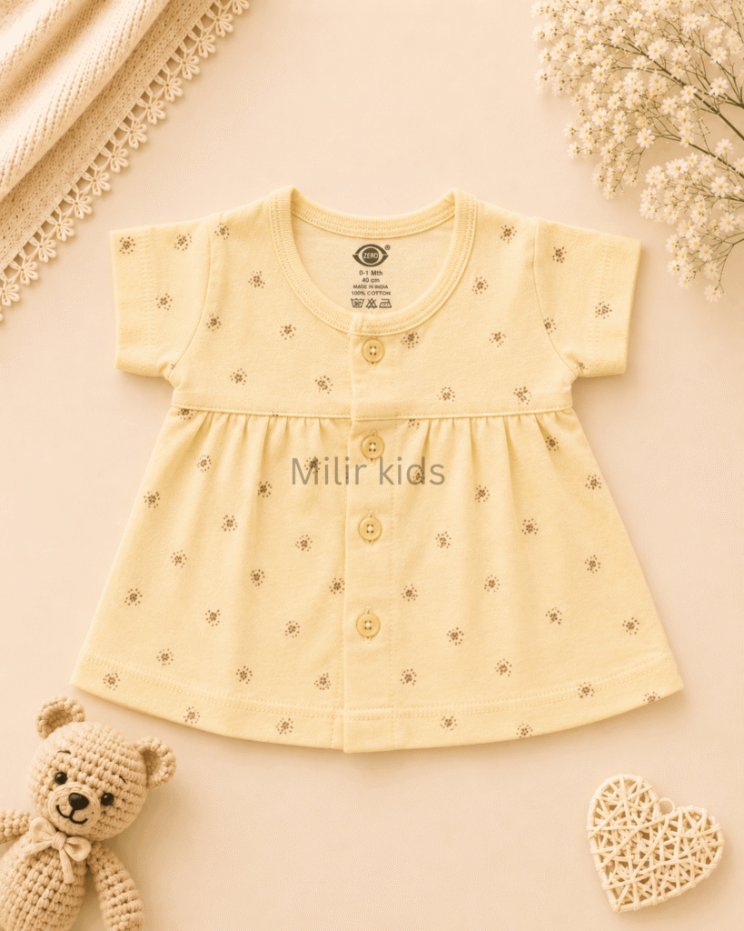 Baby Girls Mini Floral Print Cotton Front Open Frock in Butter yellow made from soft breathable cotton.