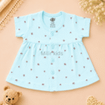 Baby Girls Mini Floral Print Cotton Front Open Frock in sky blue made from soft breathable cotton.