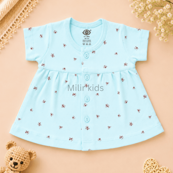 Baby Girls Mini Floral Print Cotton Front Open Frock in sky blue made from soft breathable cotton.