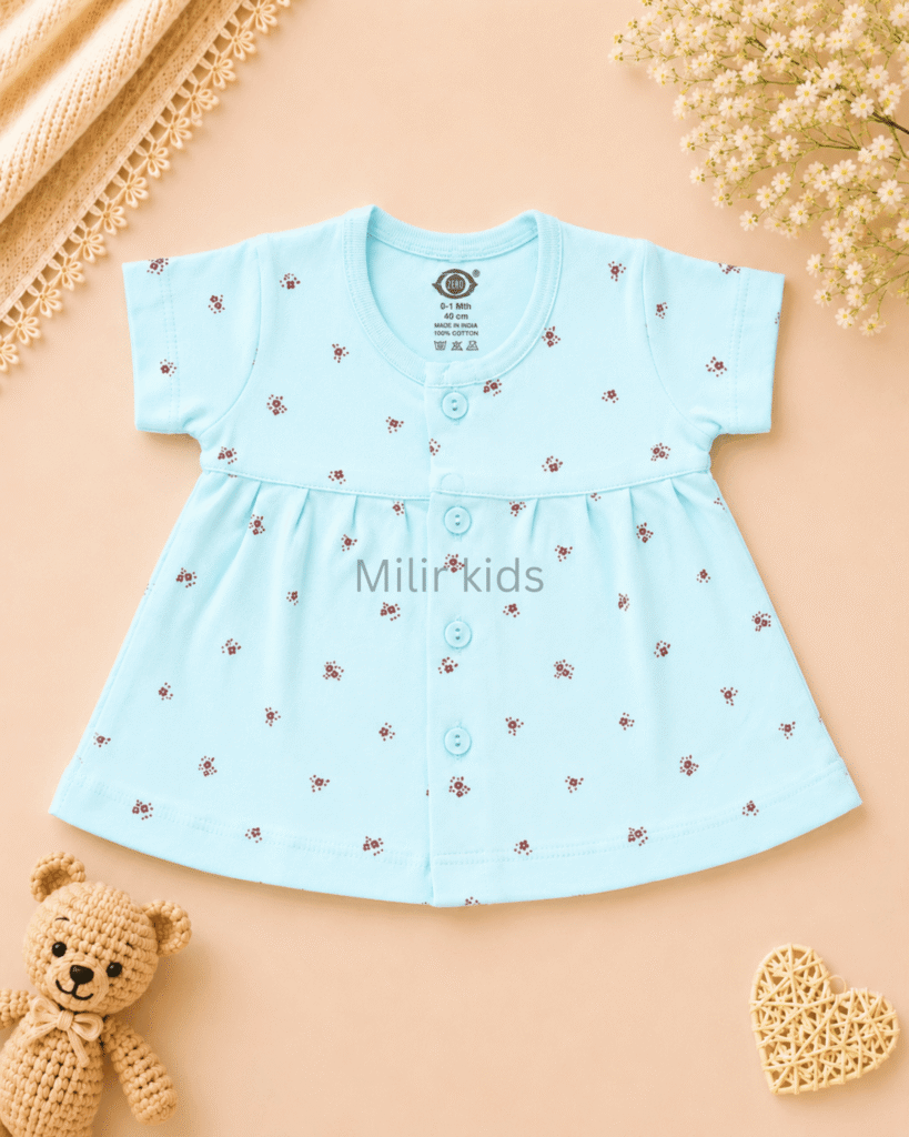 Baby Girls Mini Floral Print Cotton Front Open Frock in sky blue made from soft breathable cotton.