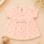 Baby Girls Mini Floral Print Cotton Front Open Frock in peach made from soft breathable cotton.