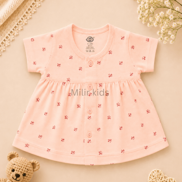 Baby Girls Mini Floral Print Cotton Front Open Frock in peach made from soft breathable cotton.