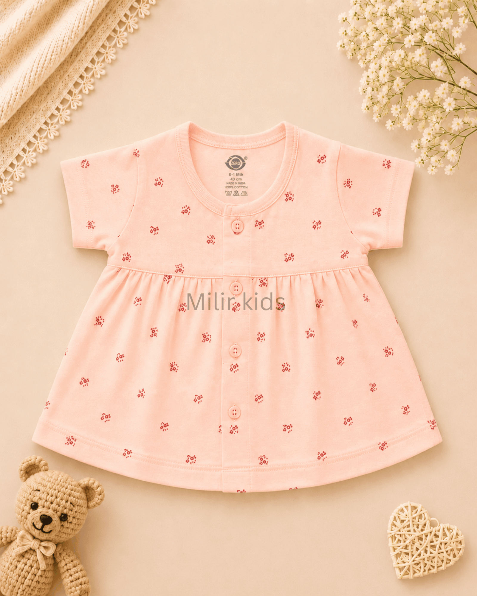 mini-floral-baby-dress-peach Baby Girls Mini Floral Print Cotton Front Open Frock in peach made from soft breathable cotton.