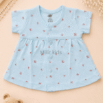 Baby Girls Mini Floral Print Cotton Front Open Frock in baby blue made from soft breathable cotton.