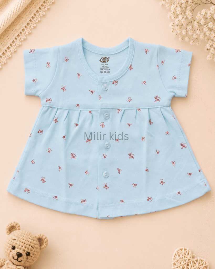 Baby Girls Mini Floral Print Cotton Front Open Frock in baby blue made from soft breathable cotton.