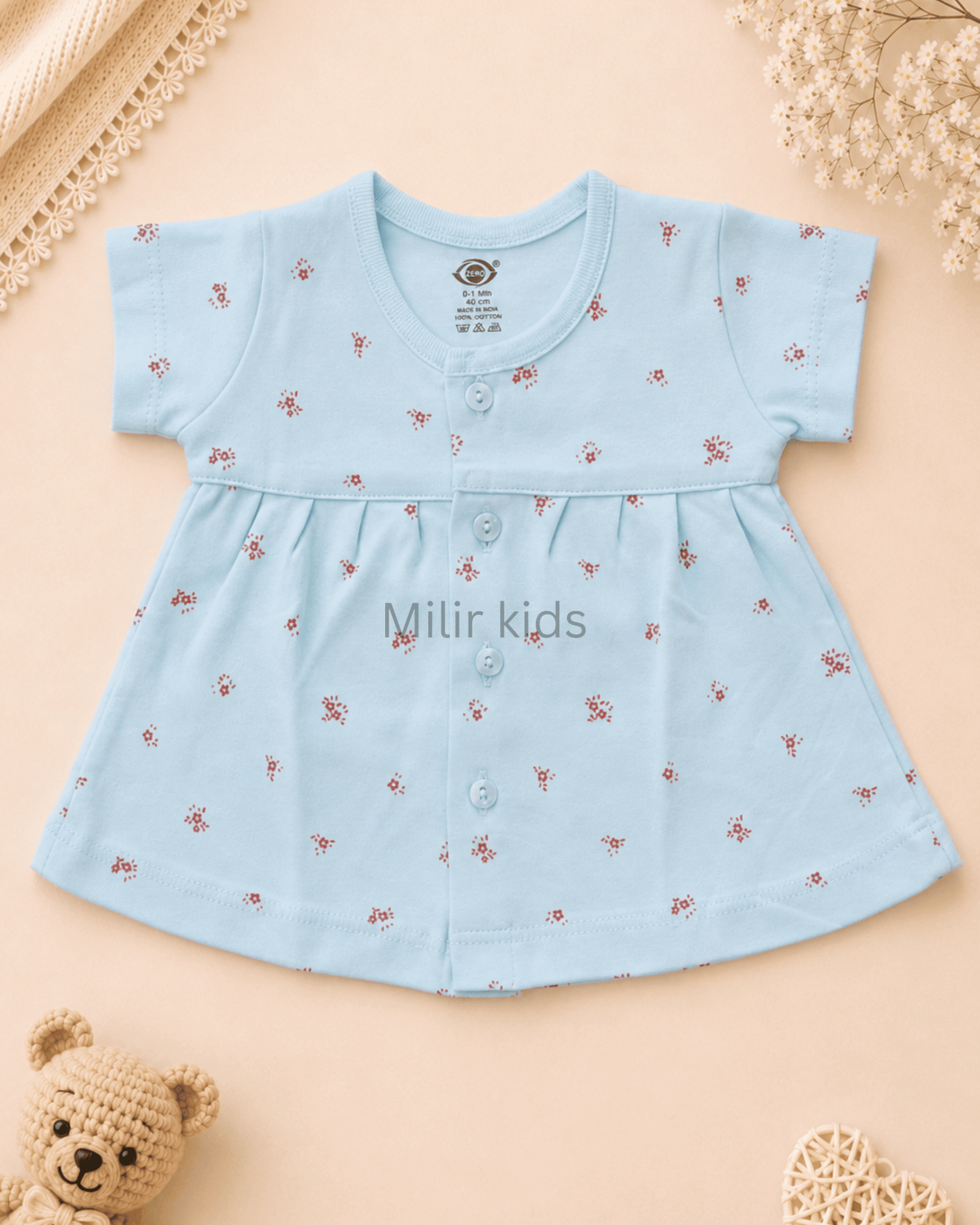mini-floral-baby-dress-baby-blue Baby Girls Mini Floral Print Cotton Front Open Frock in baby blue made from soft breathable cotton.