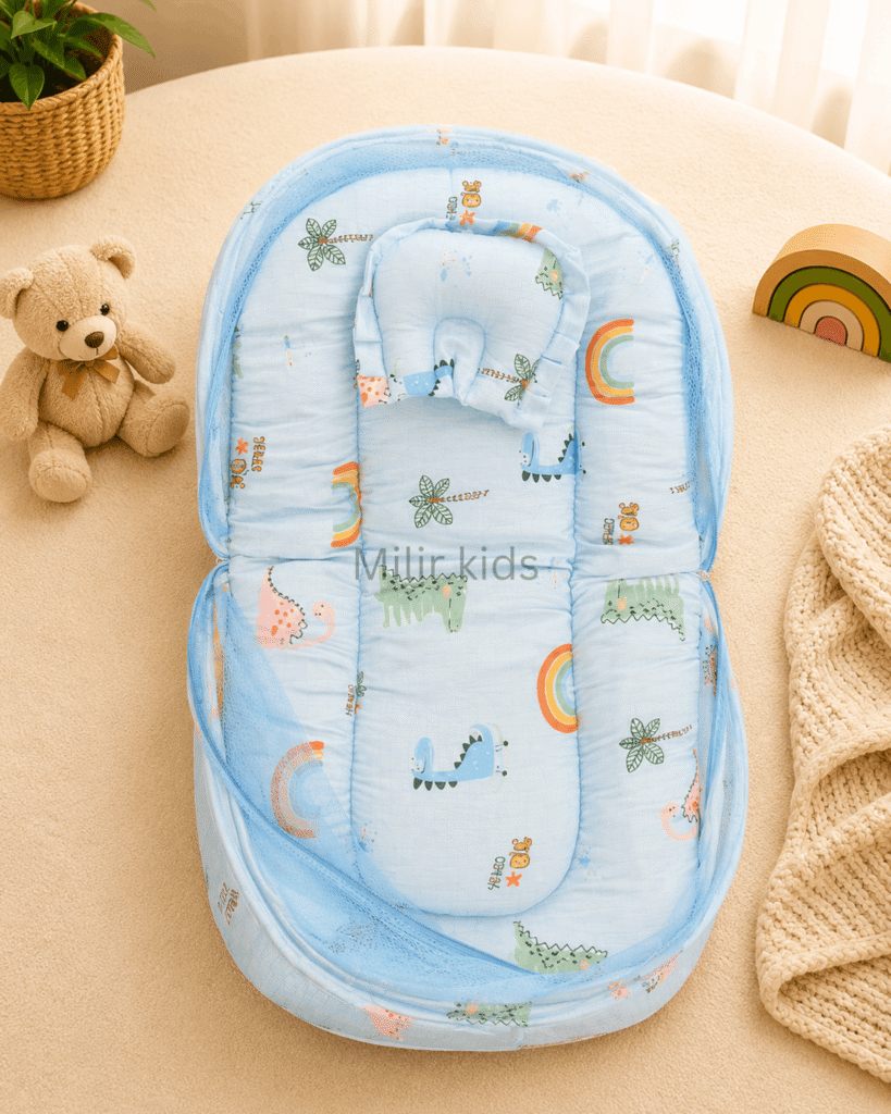 Premium muslin baby bed with mosquito net for newborn babies, soft breathable sleeping nest with head support cushion and portable design.