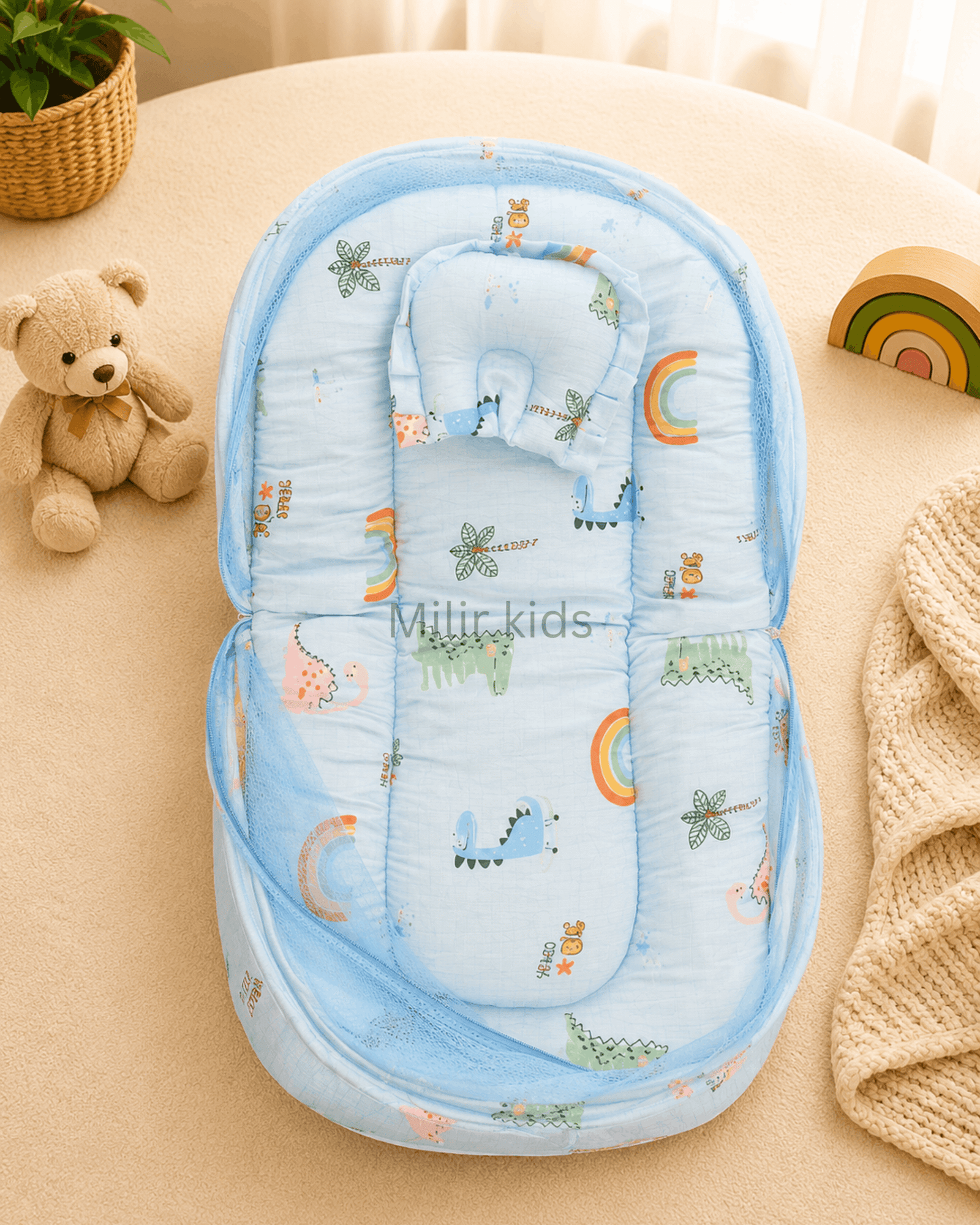 muslin-baby-bed-mosquito-net-blue-dinosaur Premium muslin baby bed with mosquito net for newborn babies, soft breathable sleeping nest with head support cushion and portable design.