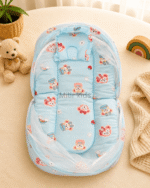 Premium muslin baby bed with mosquito net for newborn babies, soft breathable sleeping nest with head support cushion and portable design.