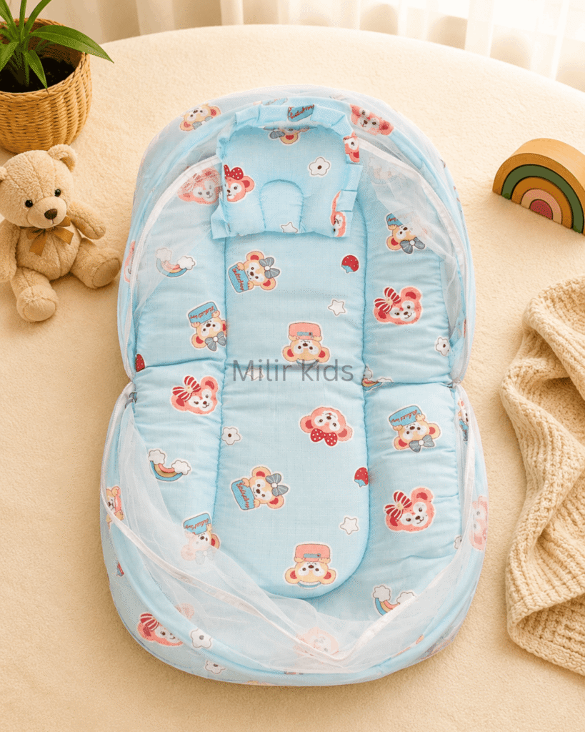 Premium muslin baby bed with mosquito net for newborn babies, soft breathable sleeping nest with head support cushion and portable design.