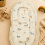 Premium muslin baby bed with mosquito net for newborn babies, soft breathable sleeping nest with head support cushion and portable design.